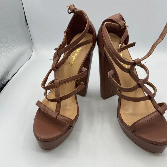 A XYD Brown Strappy Platform Club Open Toe Dress Chunky High Heel Sandals - Picture 4 of 11